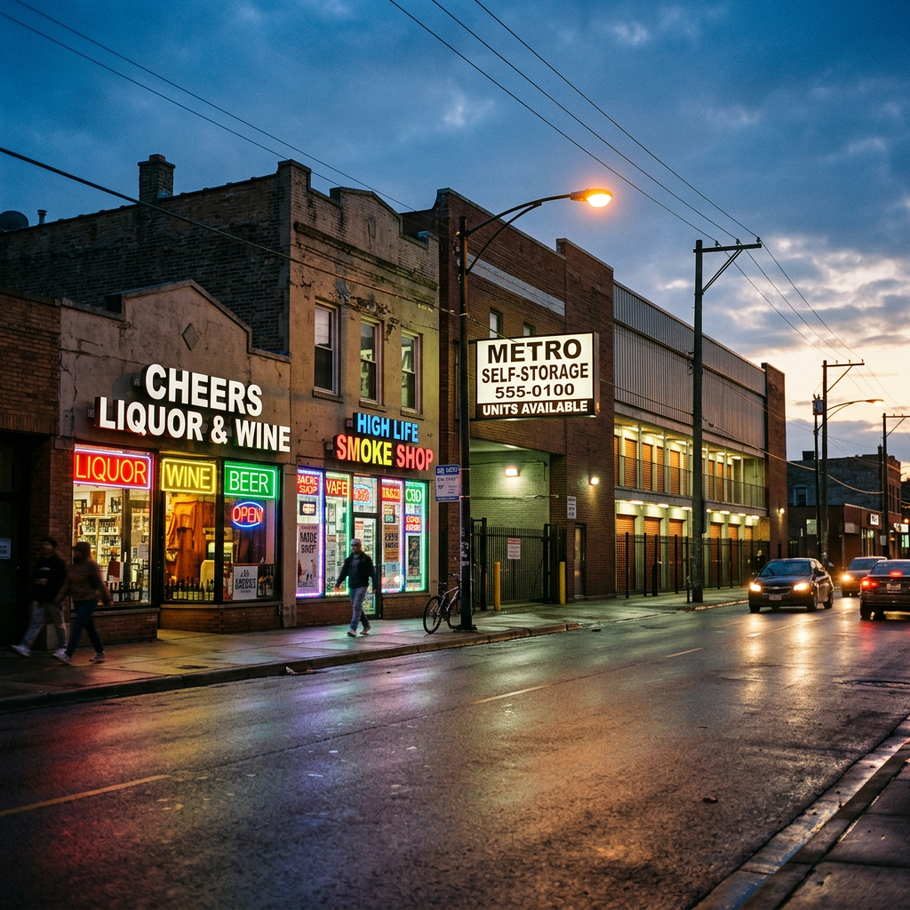 Street view of liquor store and smoke shop with neon signs at dusk