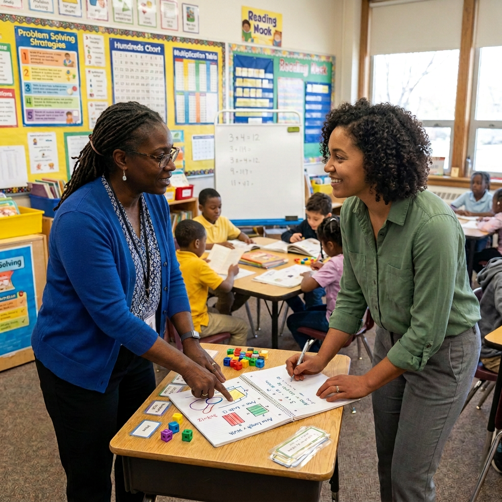 Two educators review a math workbook with manipulatives in an elementary classroom